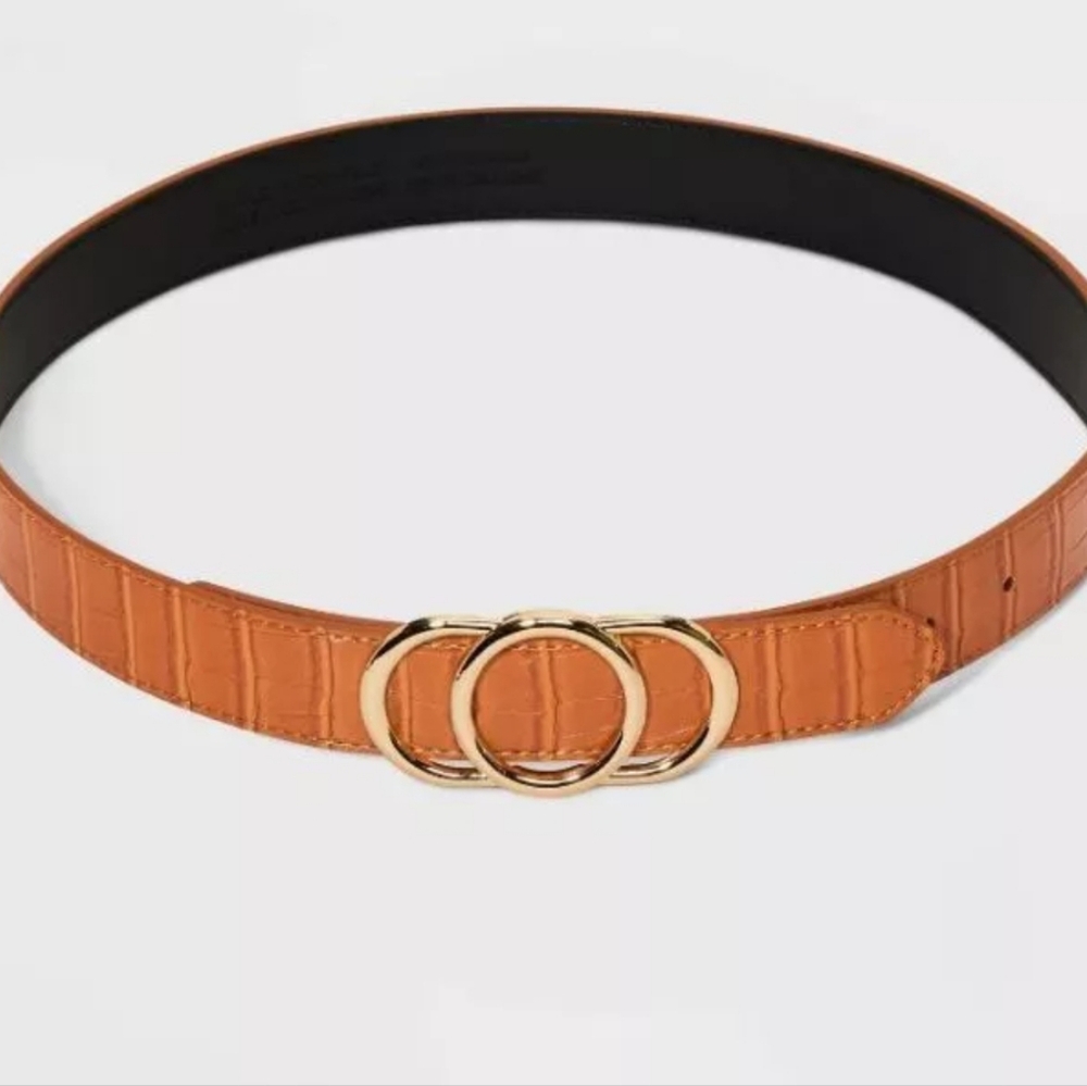 5/$25 A New Day Tan Croc-Embossed Belt with Gold Double-Ring Buckle
